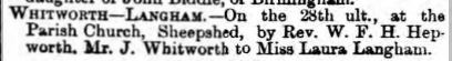 James Whitworth - Laura Langham Wedding - Leicester Chronicle - 01 January 1887