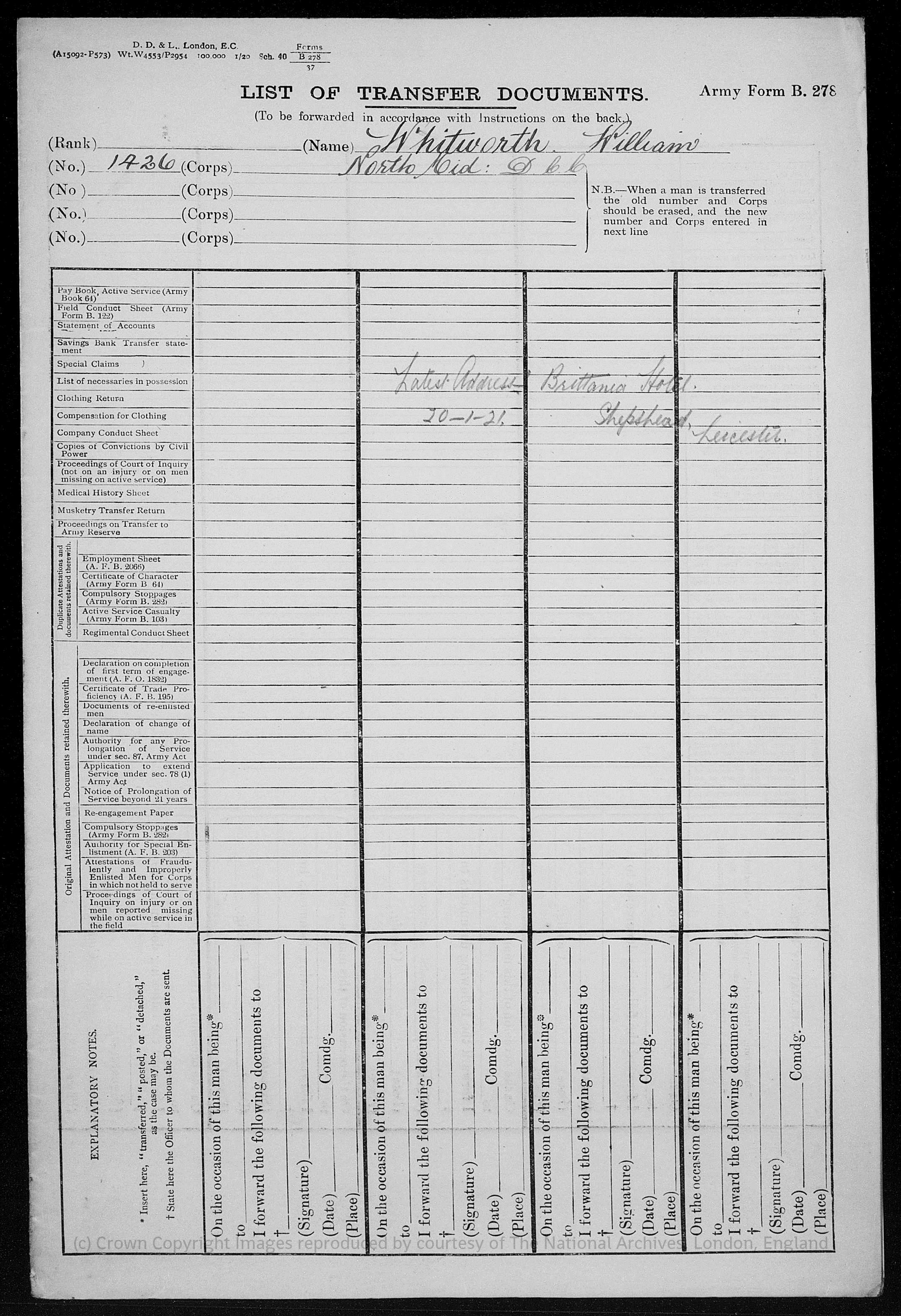 William Whitworth Army Record 1