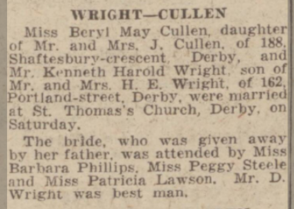 Keith Harold Wright - Beryl May Cullen Marriage